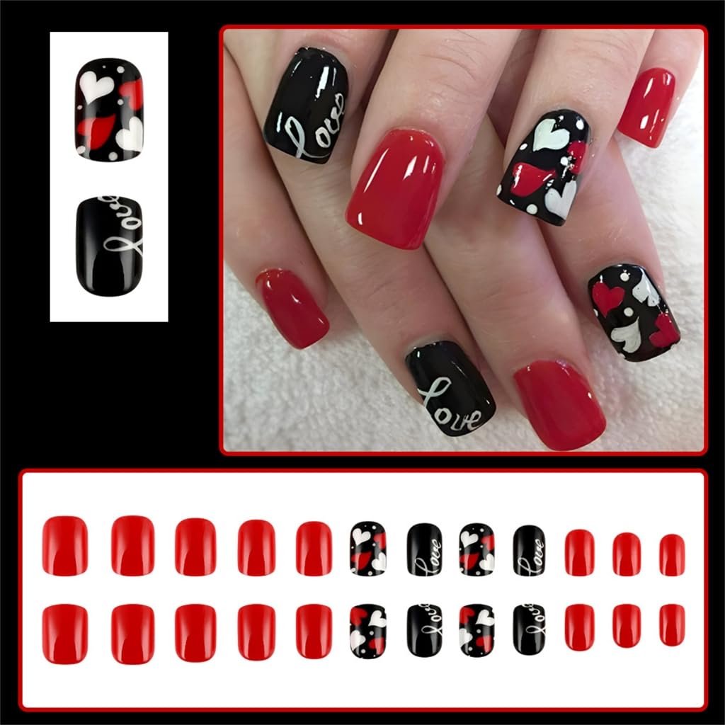 Valentines Themed Heart Designs Short Square False Nails Manicure Nails Decoration for Romance Look