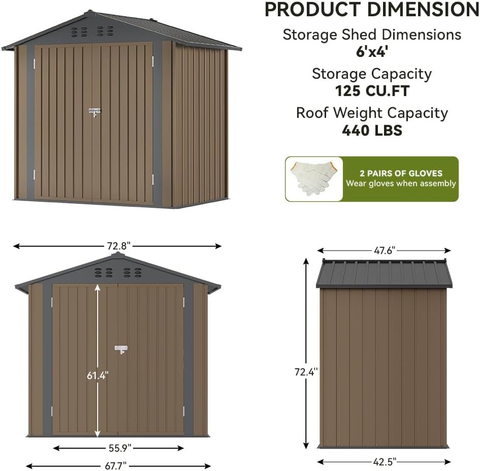 COMHOMA Shed Outdoor Storage Shed Metal,Lockable Doors Tool Sheds with Sloping Roof,Steel Garden Shed with Air Vent for Backyard,Patio,Lawn,Poolside(Brown,6'x4')