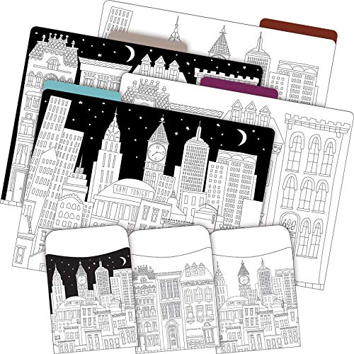 Barker Creek File Folder and Library Pocket Set, Color Me! Cityscapes, 12 File Folders Printed on 14pt Stock and 30 Coordinating Peel & Stick Library Pockets, Home, School and Office Supplies (4414)