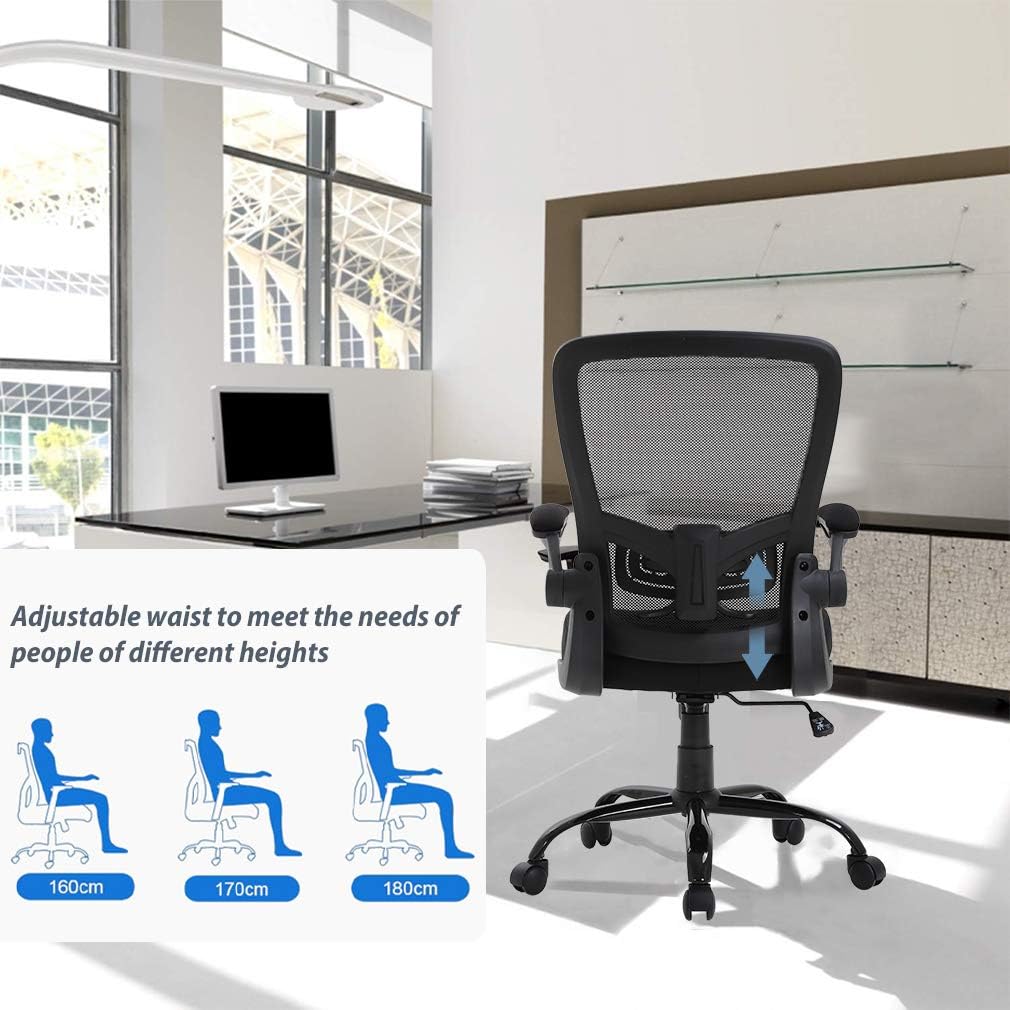 Ergonomic Office Chair Cheap Desk Chair Mesh Computer Chair with Lumbar Support Flip Up Arms Swivel Rolling Adjustable Mid Back Computer Chair for Women Men Adults,Black