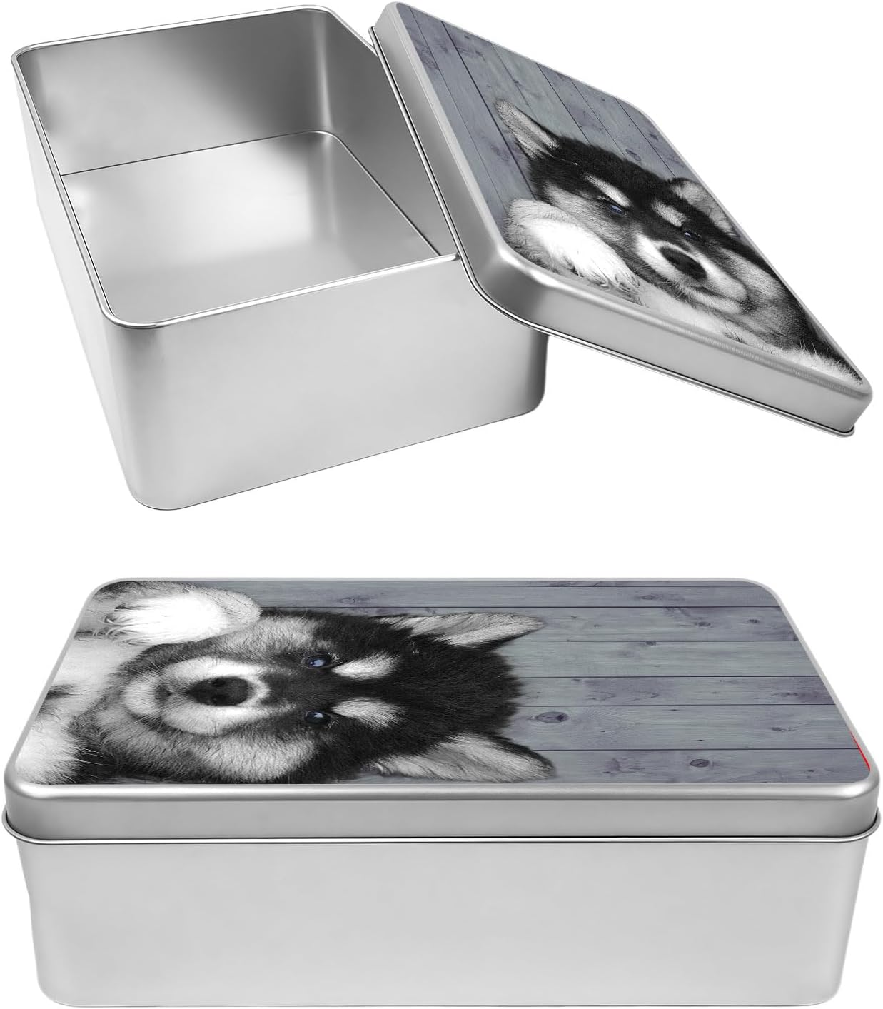 Wood and Cute Dog Pattern Metal Tin Box with Lid,Rectangular Storage Container 7 x 4.33 x 2.17 inch Decorative Portable Case for DIY Crafts, Keys & Home Organization