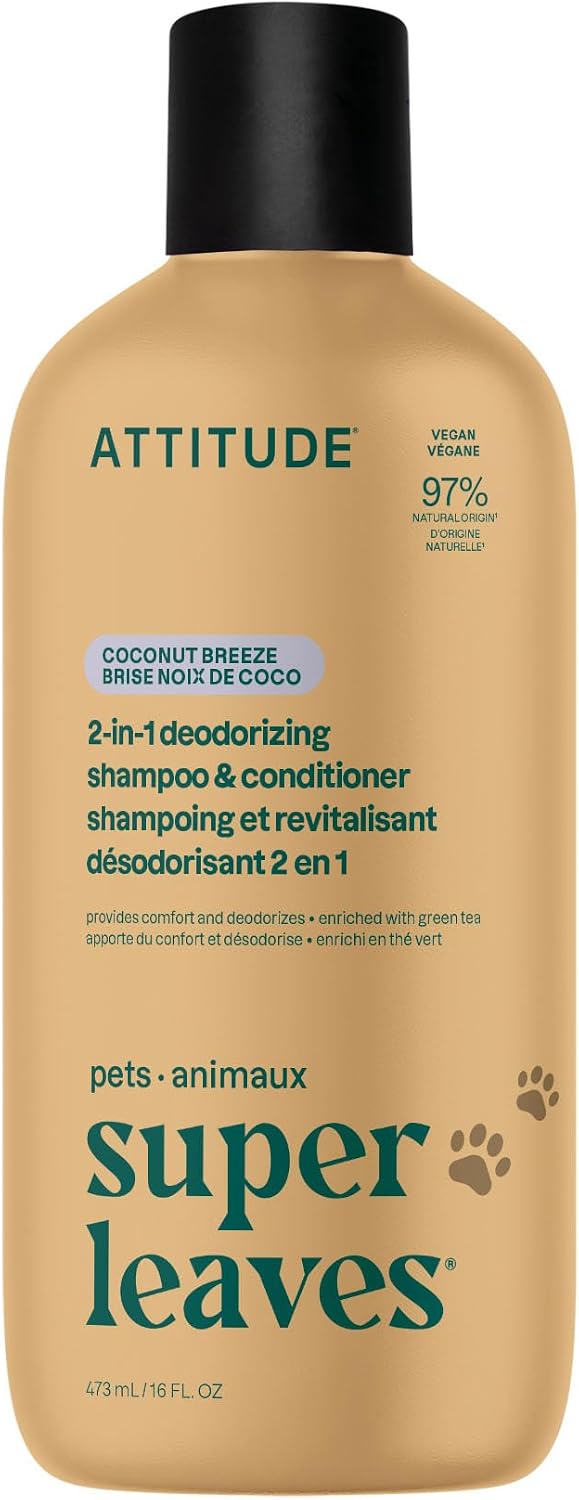 Attitude 2-in-1 Pet Shampoo and Conditioner, Dog & Puppy Shampoo with Green Tea for Deodorizing, Gentle Cleansing Grooming Wash, Vegan, Coco Breeze Scent, 473 mL