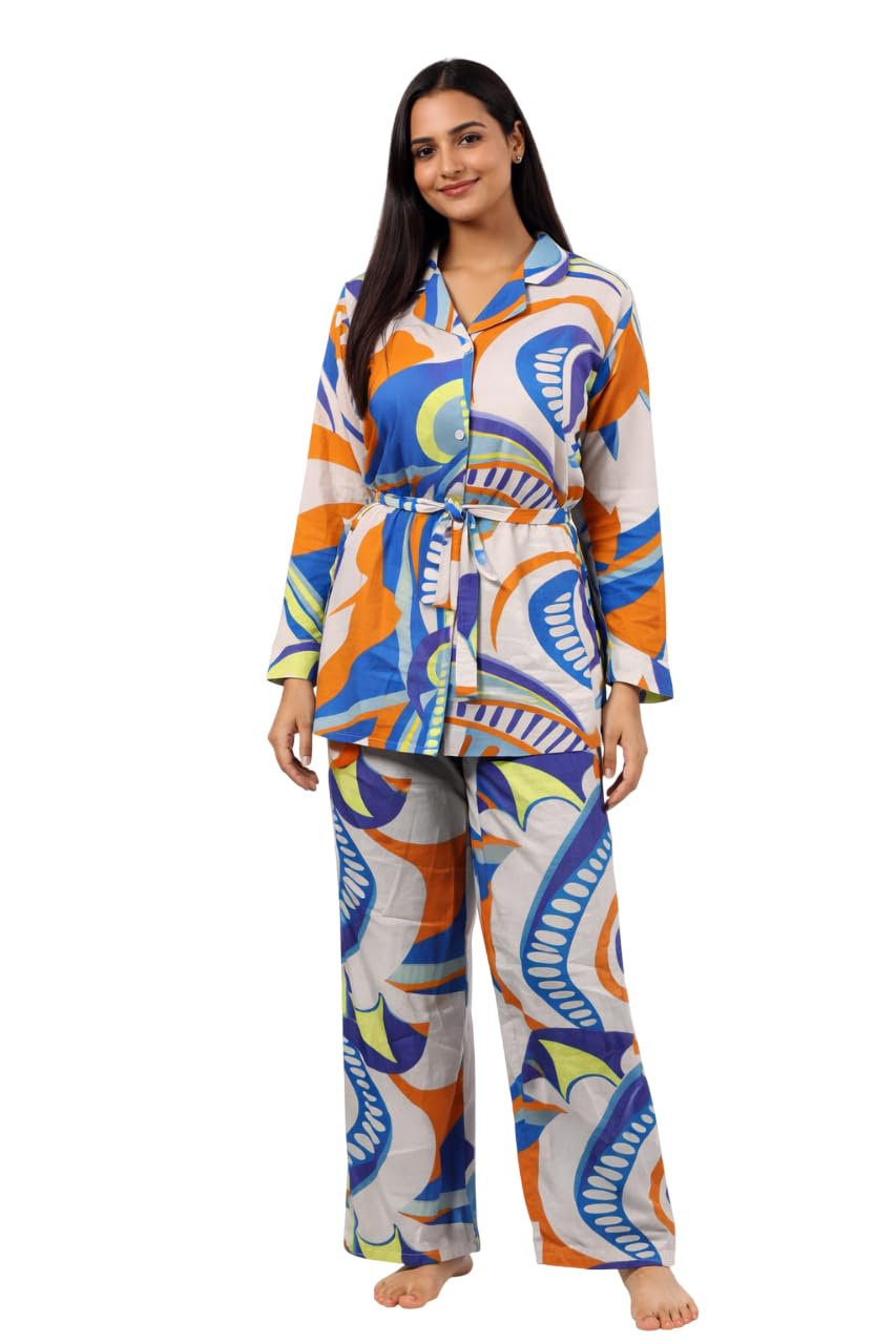 Women’s Abstract Printed Cotton Multicolor Co-ord Set | Full Sleeve Collared Neck Shirt Top with Waist Tie-Up & Relaxed Fit Pants-image-27
