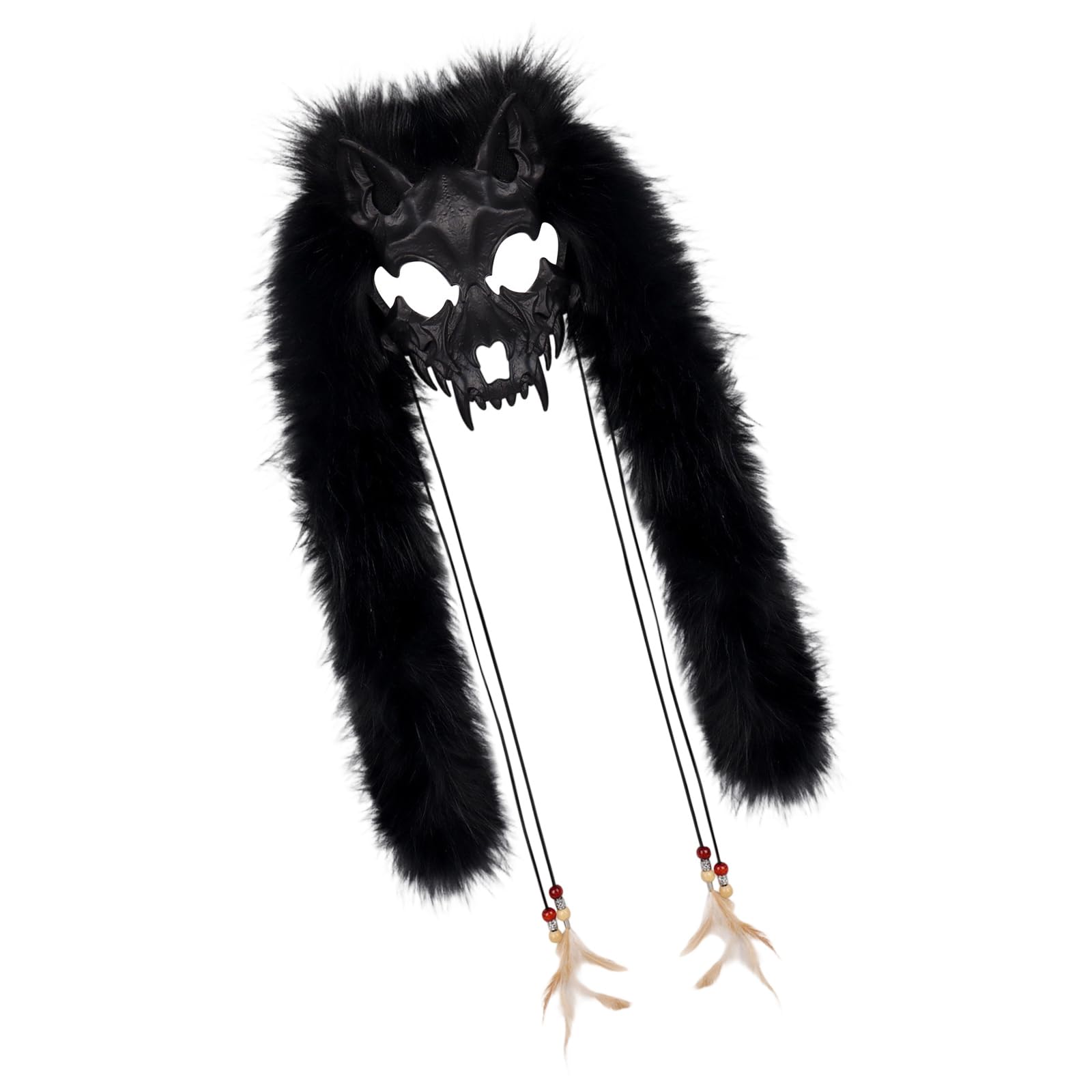 Asukohu Furry Wolf Mask Faux Fur Vikinges Foxes Wendigo Headpiece for Halloween Werewolf Costume Barbararian Cosplay Party Furry Wolf, black, One Size