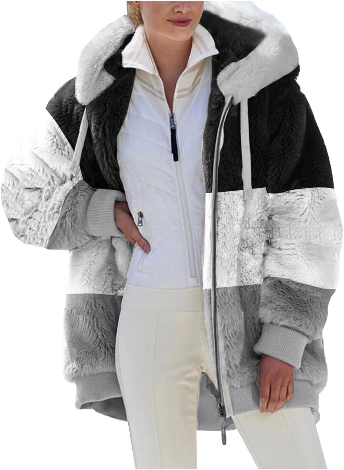 Women Winter Jacket Sale Clearance Casual Chunky Plush Zip Up Patchwork Coats Color Block Warm Fleece Tops Sherpa Autumn Winter Jumpers Button Loose Jackets Fuzzy Open Front Sweatshirt Pullover