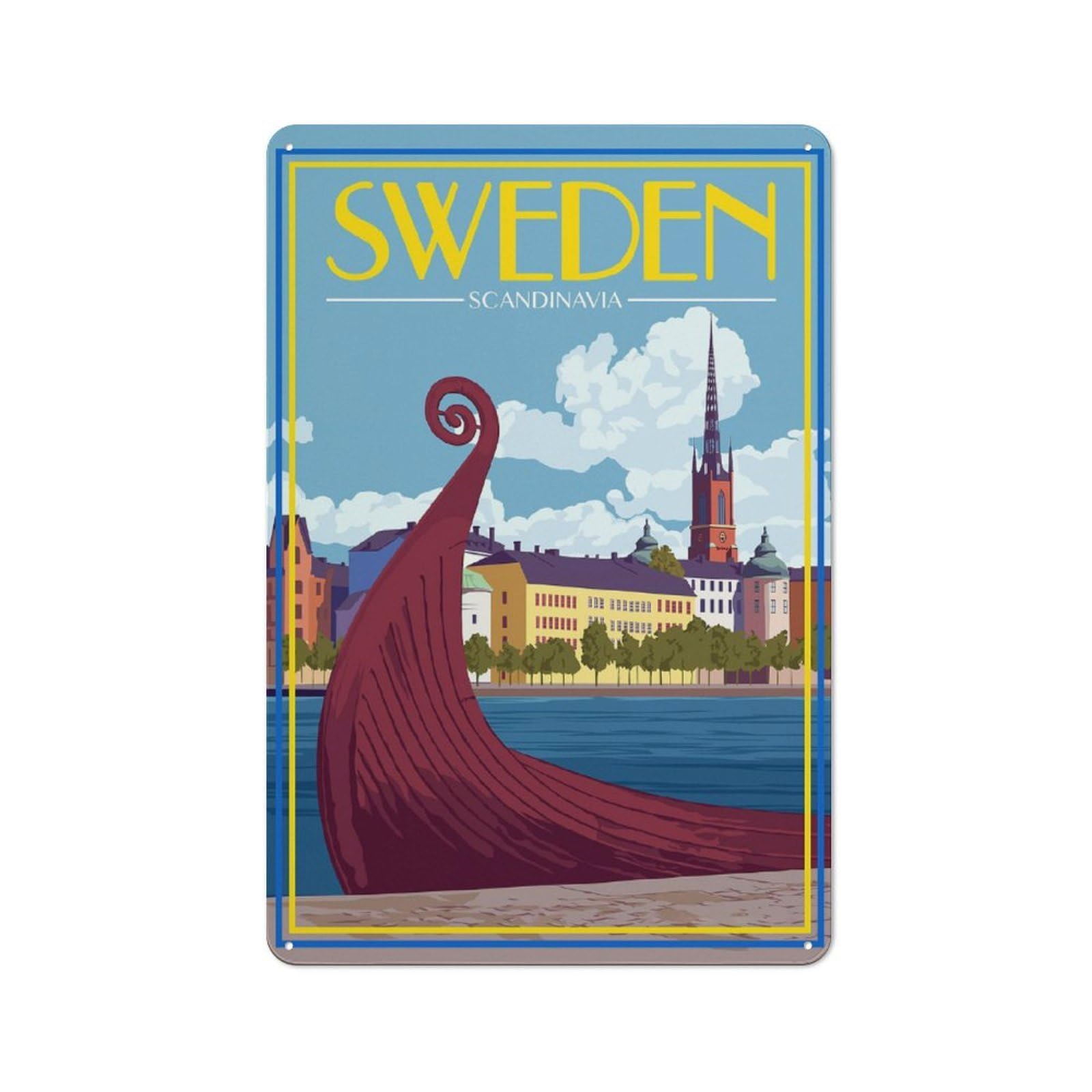 Junmoney Scandinavia Sweden Travel Tin Wall Plaque 30X20cm With For Man Cave Or Games Room, For Vintage Wall Decor Fans, For Themed Room Decoration