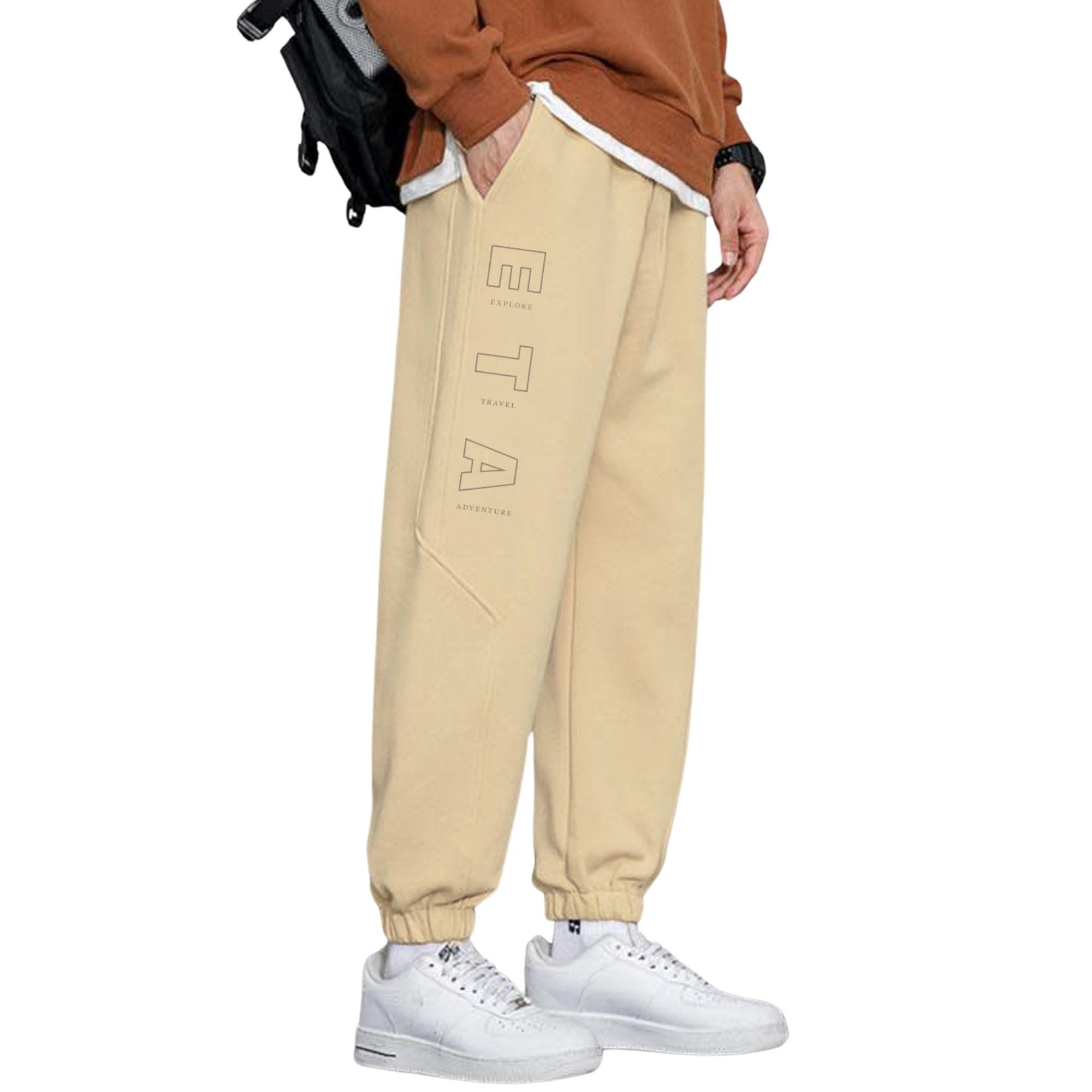 Global Desi Explorer Premium Joggers for Men | Track Pants for Men | Relaxed Fit | Premium Fabric | Elasticated Waist with Drawcord | Casual & Travel Wear in neutral