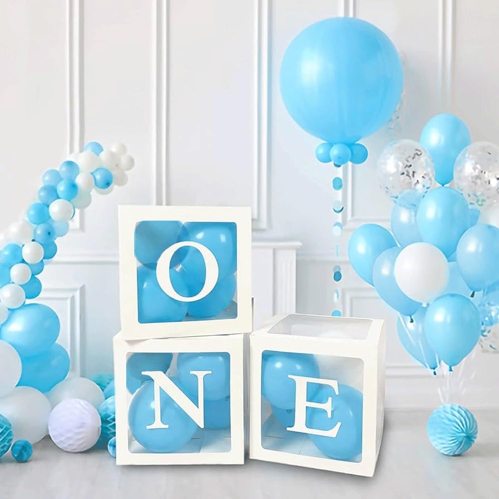 Pop The Party Paper Decorative Transparent 3Pcs One Letters Balloon Boxes With 50Pcs Blue Color Pastel Balloons For Baby Shower, Birthday Party Decoration.