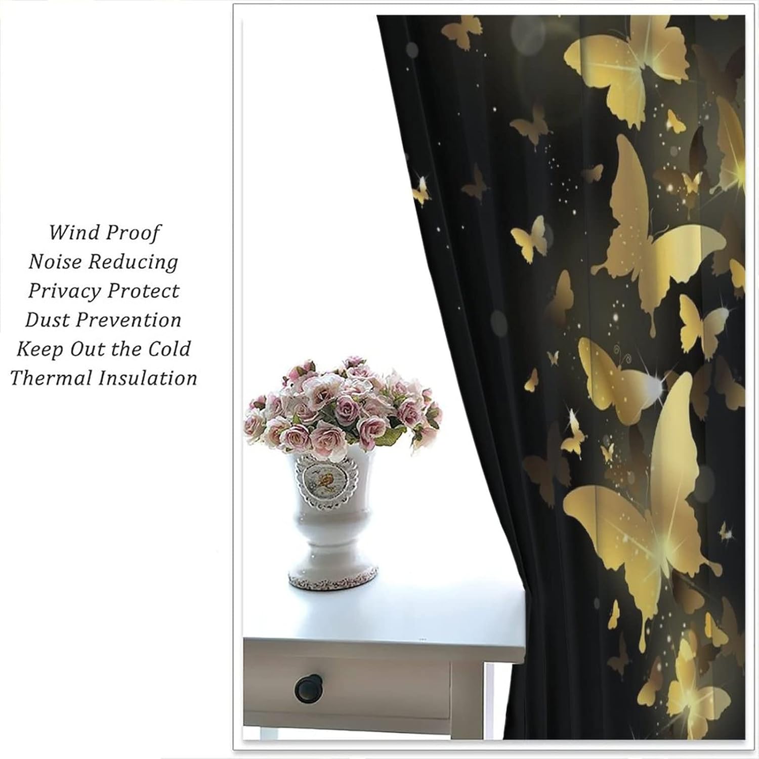 Golden Butterfly Blackout Window Curtains, Black Gold Butterflies Room Darkening Rod Pocket Windows Door Curtain for Bedroom Living Room Home Decor 42x45in