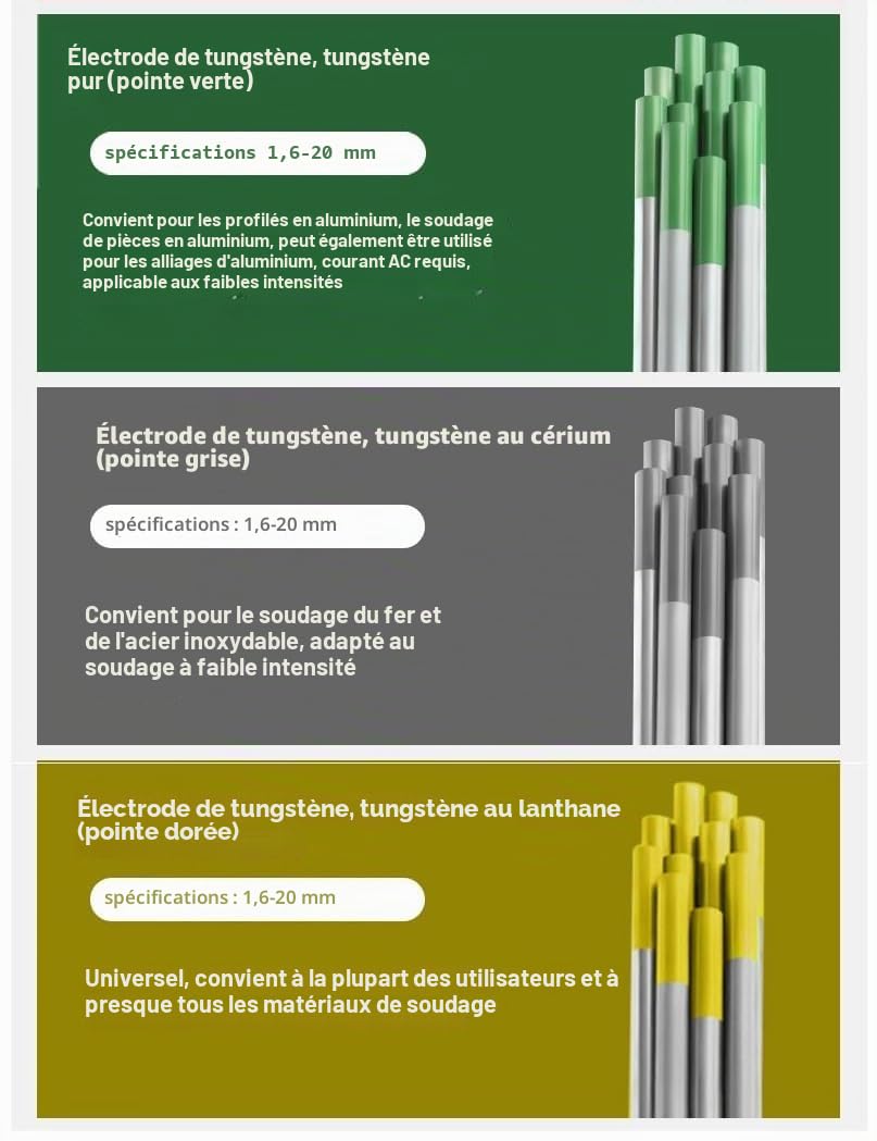 Électrode tungstène WP, Tungstène pur, Vert, 10pcs Ø:2.4 mm, L:175 mm