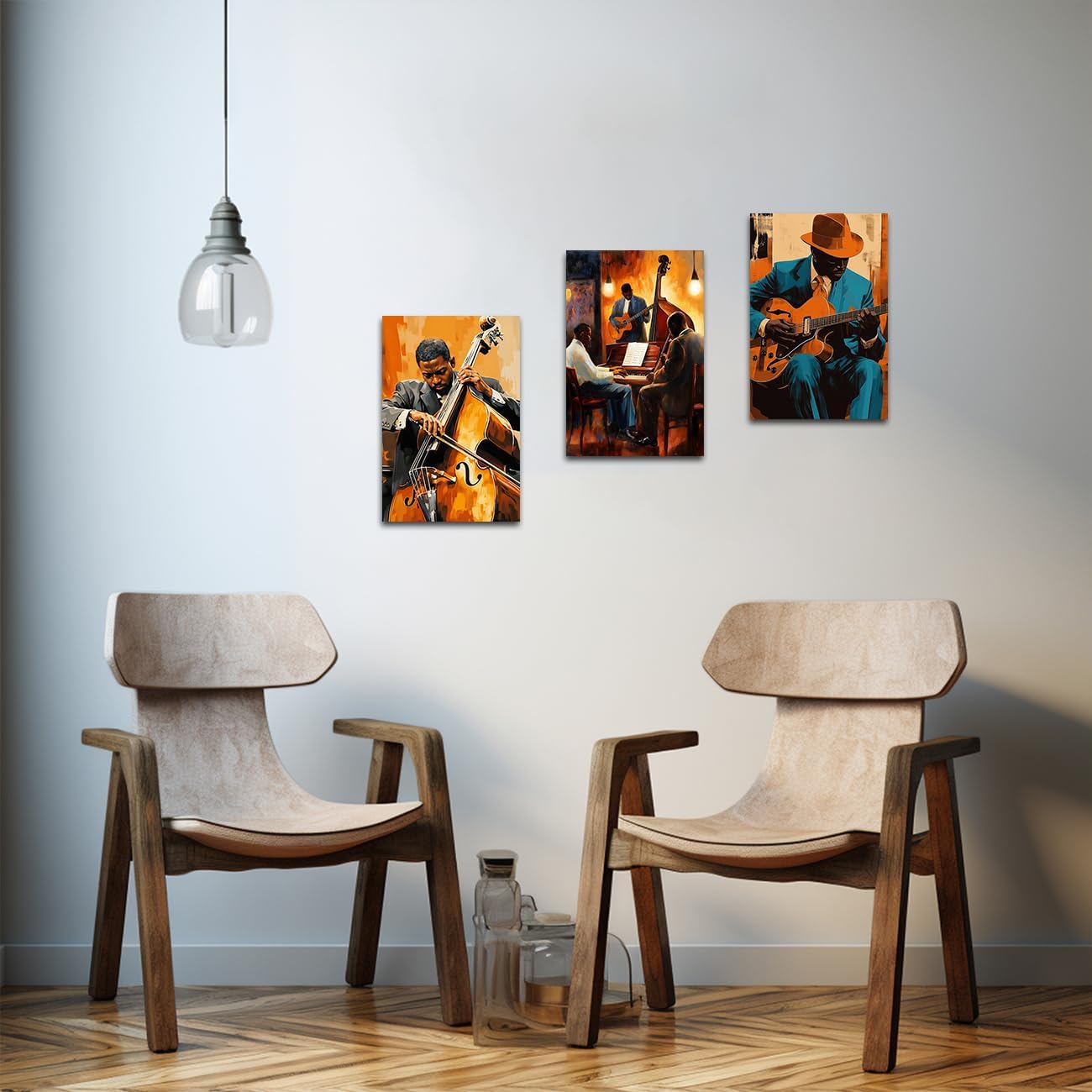 LZIMU Jazz Wall Art Abstract Black Music Picture African American Music Canvas Prints Vintage Jazz Band Painting for Musical Club Classroom Decor Framed (Orange, 16.00" x 24.00" x 3PCS)