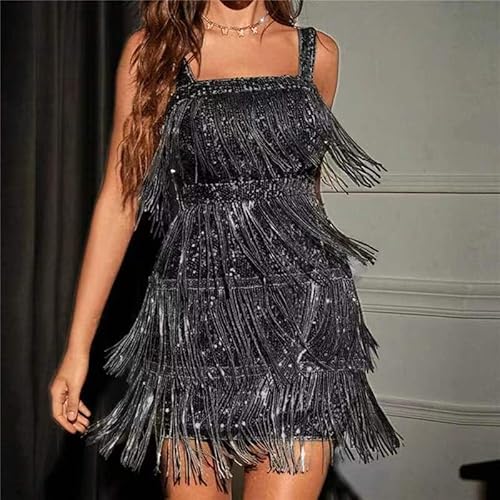 Vestido De Paetês Com Franjas E Suspensório Sexy E Elegante (BR, Alfa, Único, Regular, Regular, L, P
