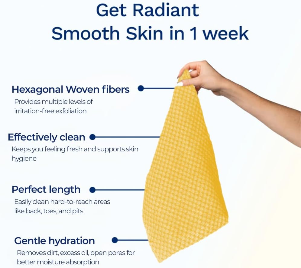 Exfoliating Washcloth Face & Body Scrub Towel - Japanese Exfoliating Towel with Hexagon Fibers, Body Scrubber with 2 Sides for Scrubbing & Washing, Extra Long Body Towels (Yellow) - Image 5