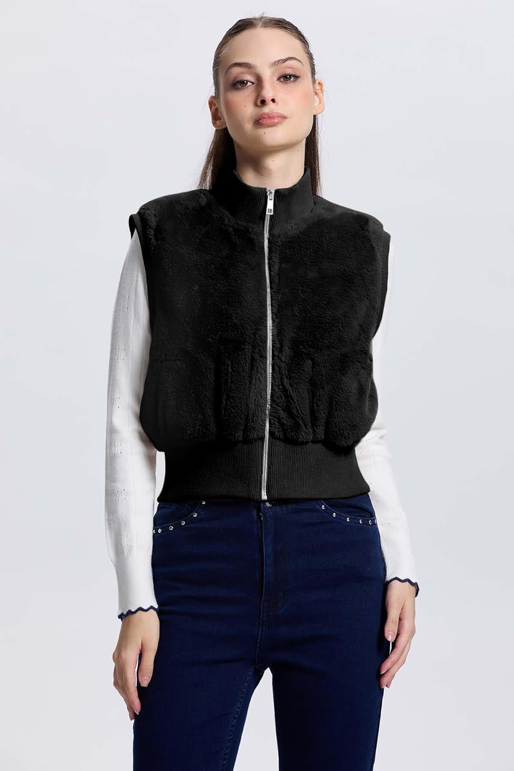 FASHIONSPARK Womens Cropped Faux Fur Vest Sleeveless Jacket Zip Up Fuzzy Sherpa Coat Shaggy Ribbed Warm Outerwear - Image 2