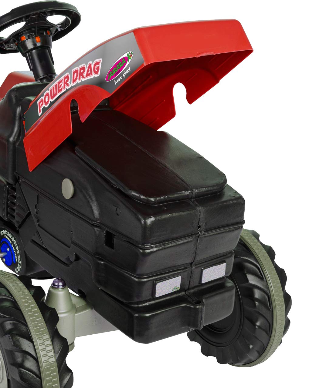 Trettraktor Power Drag - Kippschutz, Hupe, Verstellbarer Sitz Motorhaube aufklappbar, Anhängerkupplung, Antrieb durch Treten der Pedale