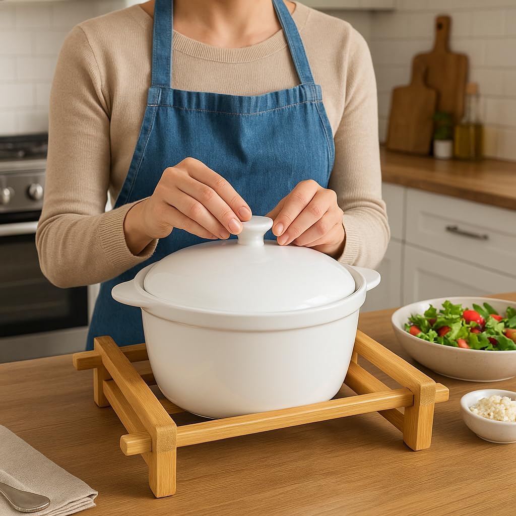 Creative Home Stoneware Baking Dish with Bamboo Serving Rack – Oven-to-Table Casserole Dish, Perfect for Baking, Serving, and Entertaining