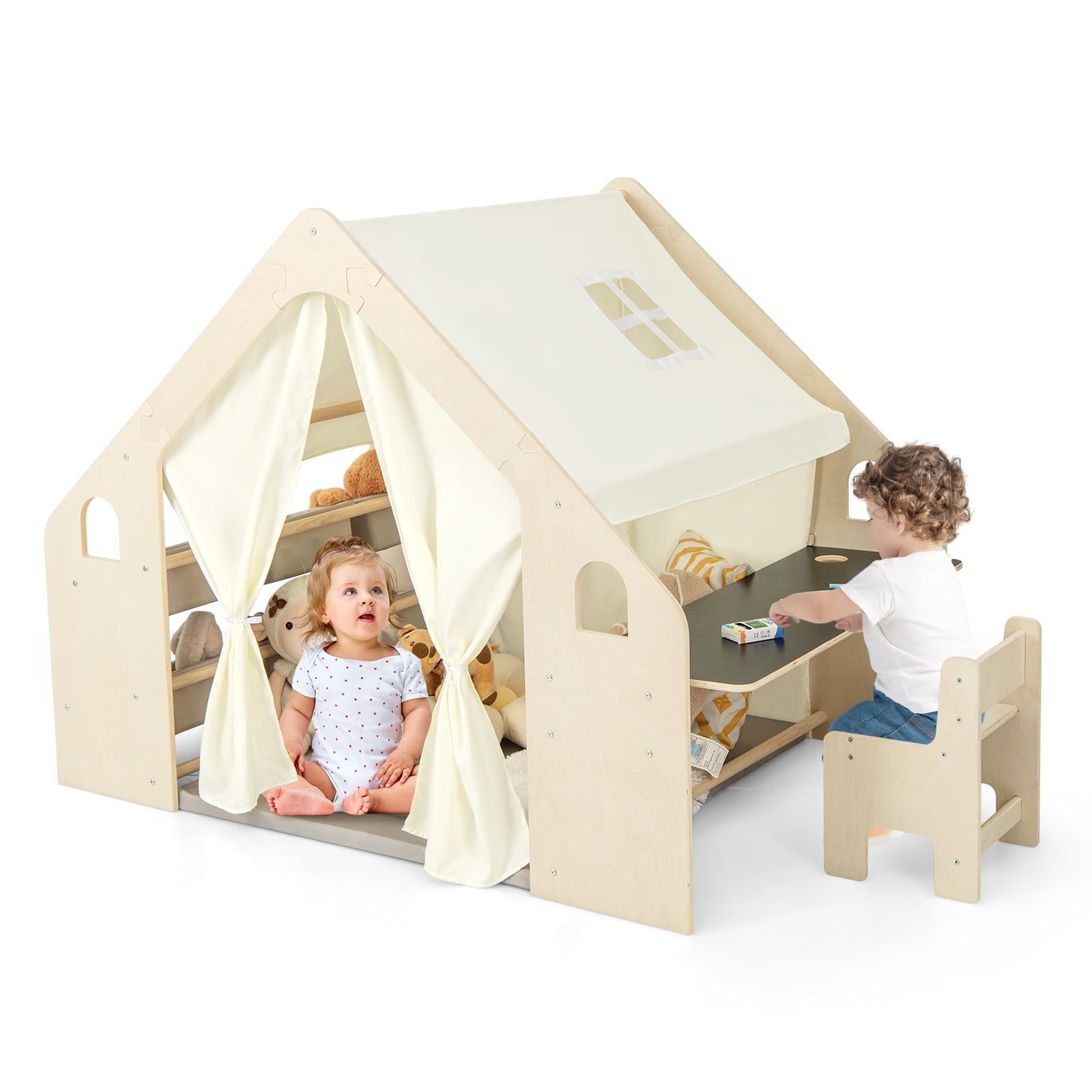 DREAMADE Kinderzelt für Drinnen mit Matte und Kindertisch & Stuhl Set und Aufbewahtungsbox, Spielzelt Kinderspielhaus, Indoor Spielhaus aus Holz für Kinder ab 2 Jahren (Groß mit 6 Boxen)