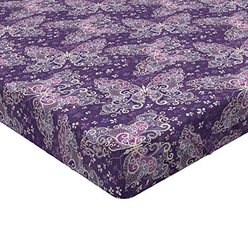 Lunarable Spring Fitted Sheet, Curvy Butterfly Wings On Retro Style Purple Colored Background, Bed Cover With All-Round Elastic Deep Pocket For Comfort, Twin Xl Size, Violet Ivory #TOP1