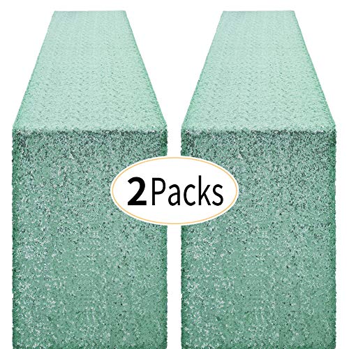 2 Packs 12 x 72 inches Mint Green Sequin Table Runner, Glitter Runner for Birthday Party Supplies Decorations Wedding Bachelorette Holiday Celebration Bridal Shower Baby Shower by Pufogu - Used condition - US$10.95