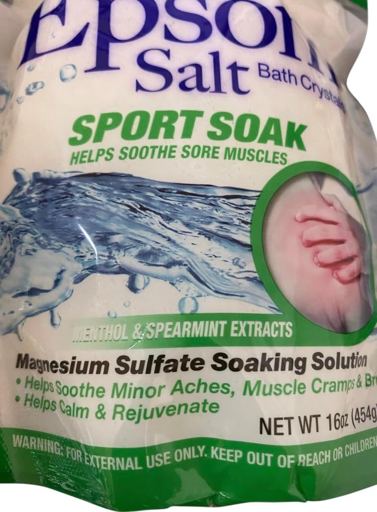 Amoray Natural Epsom Salt Bath Crystals Sport Soak with Menthol & Spearmint, Muscle Relief, 16oz 2 Pack