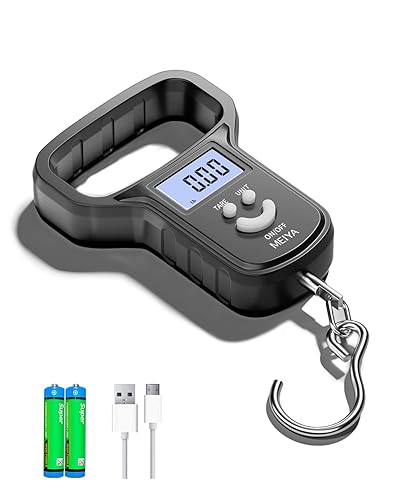 MEIYA Báscula de pescabáscula de pesca doble potencia (bateríarecargable), mango extra ancho, pantalla LCD retroiluminada, incluye 2 pilas AAA y