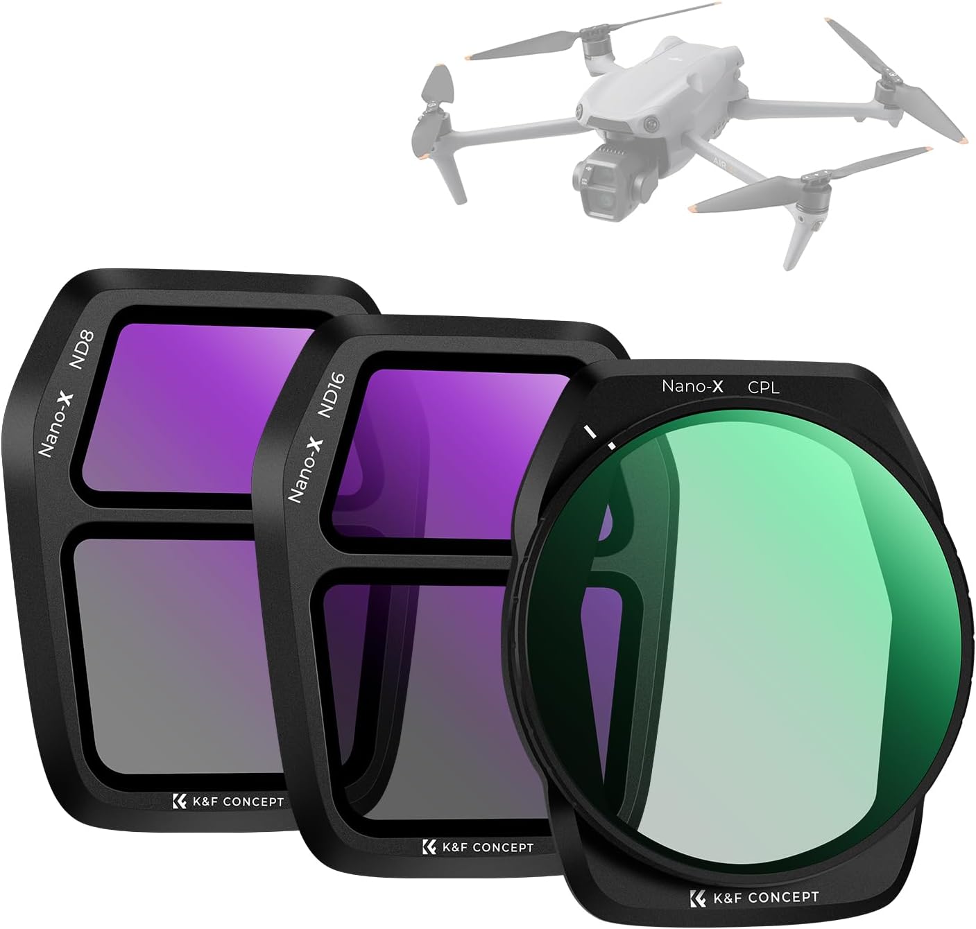 K&F Concept 3Pack ND PL Filter Set for DJI Air 3S, CPL ND8 ND16 Neutral Density Polarizer Multi-Function Filters Drone Lens Accessories, HD Optical Glass/Multi-Coated/Gimbal Safe