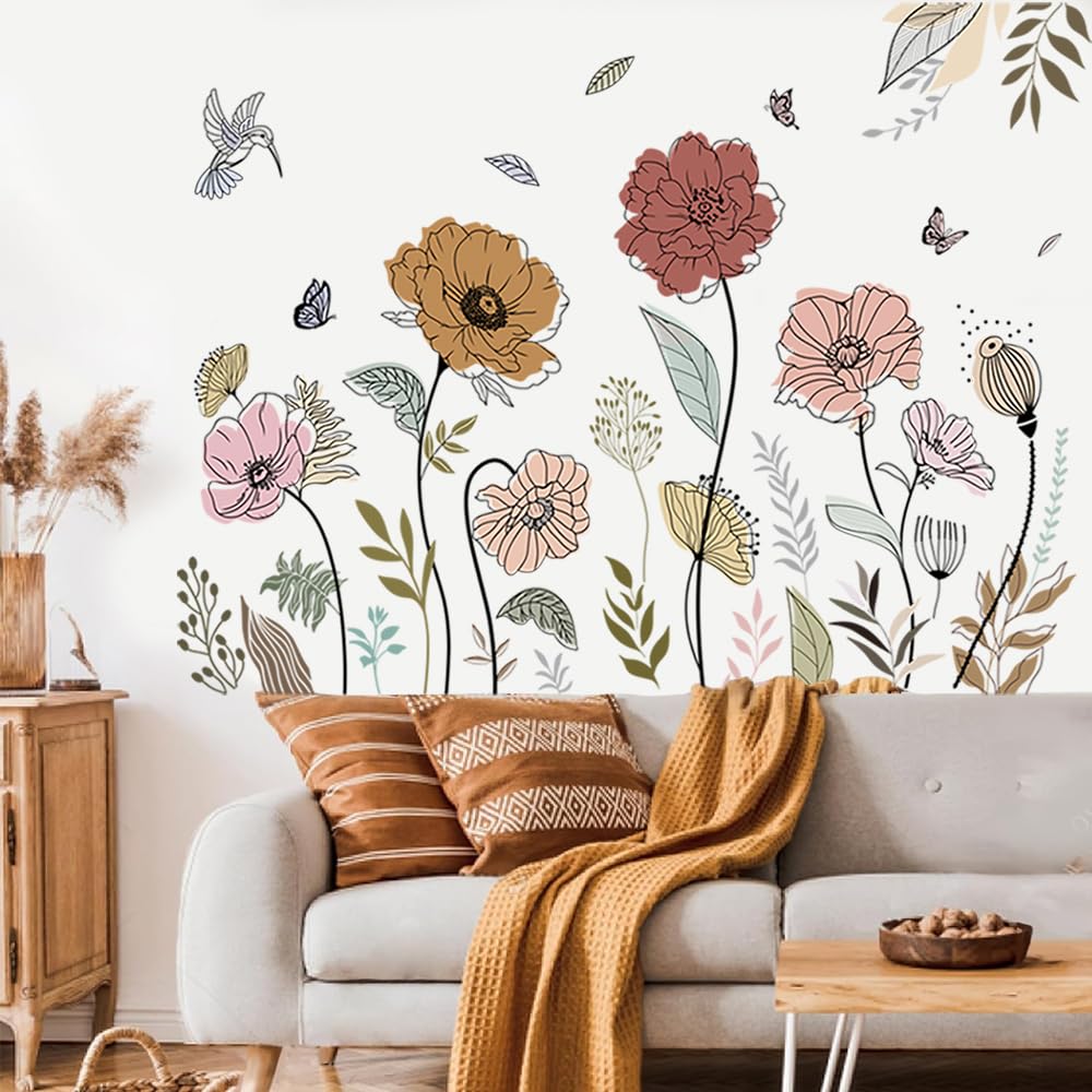 DERUN TRADING Boho Flower Wall Stickers Wildflower Floral Grass Peel and Stick Decals Wall Art for Living Room Bedroom Boho Wall Decor