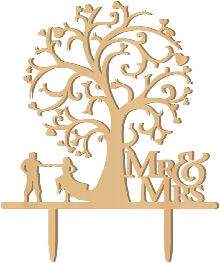 Amosfun Cake Topper Wooden Bird Tree Wedding Cake Decorations Mr Mrs Wedding Valentine's Day Decoration (Wood Colour)
