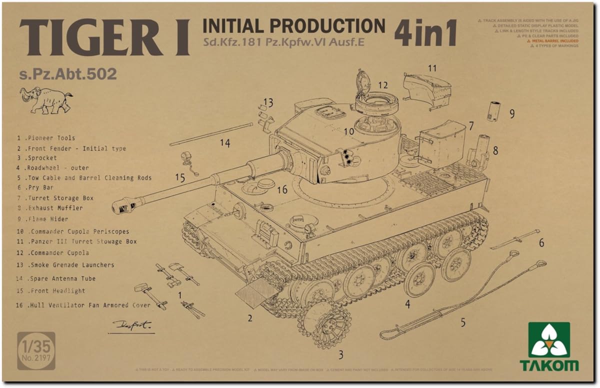 TAKOM 2197 Tiger I Initial Production 4 in 1 (s.Pz.ABT. 502) – 1:35 Plastikmodellbausatz – Inkl. Aluminiumrohr, Metallteilen & Kupferseil – Ungebaut