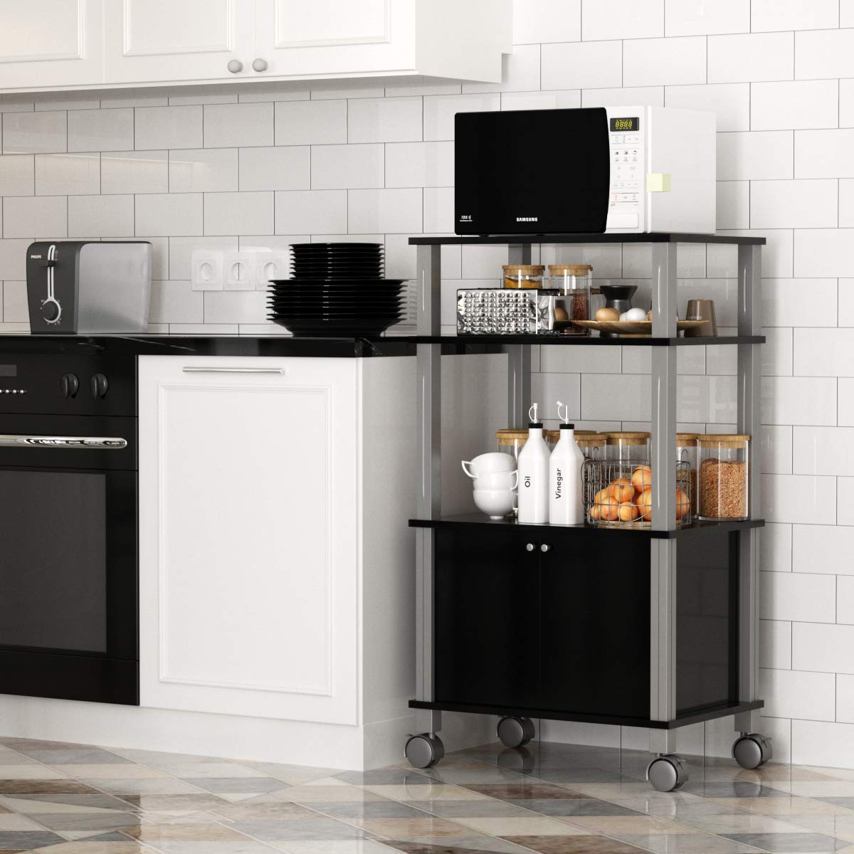 GIANTEX Carrello da Cucina per Microonde a Rotelle, 3 Ripiani Portaoggetti e Armadio con Ante, 4 Ruote di cui 2 con Freno, Dimensioni 60 x 40 x 98 cm(Nero)