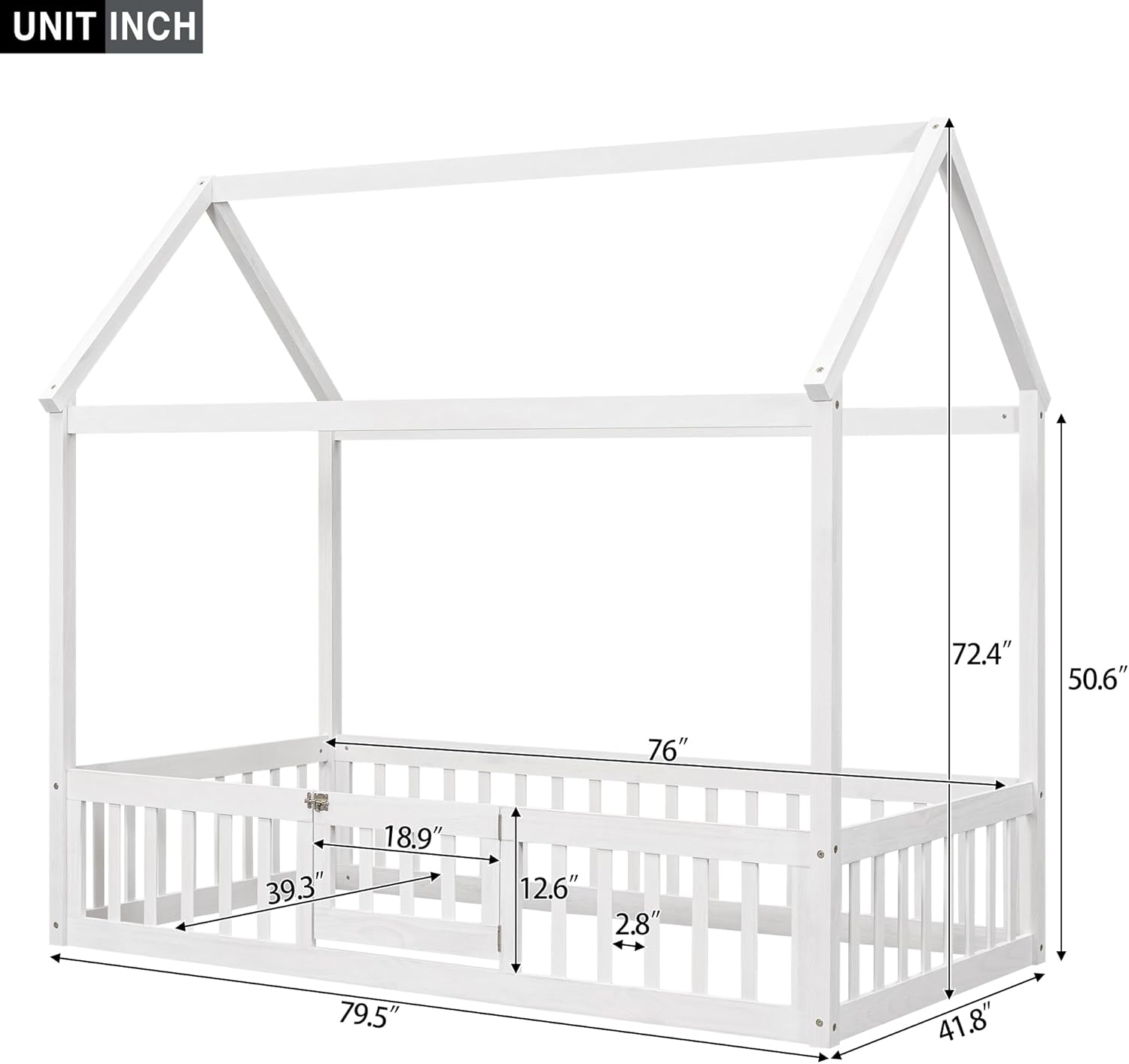 Twin Bed Frames with Fence and Door Roof, Pine House Shaped Montessori Floor Mattress Foundation for Kids Girls Boys
