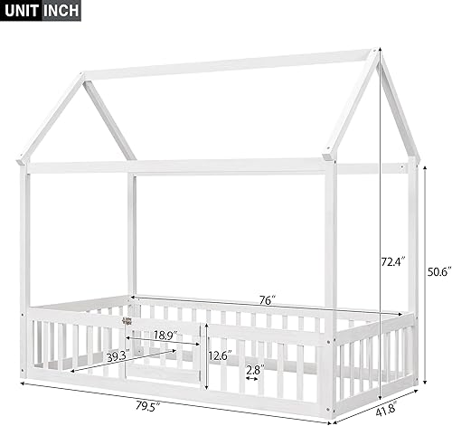Miniatura 2 de Merax Cama de madera de tamaño individual con valla y puerta, marco de cama de madera con techo para adolescentes, niños o niñas, color blanco