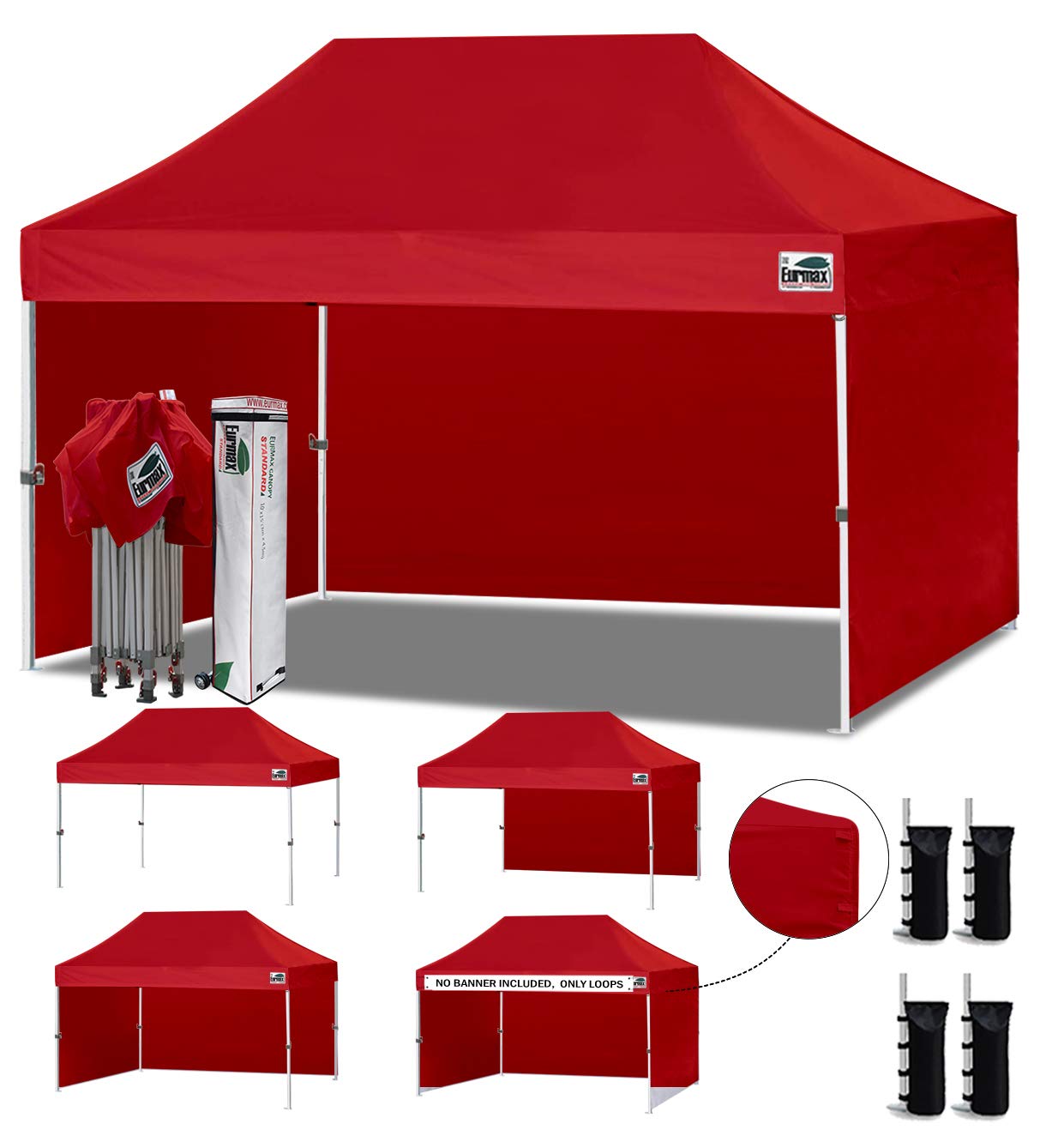 Eurmax USA 10x15 Pop Up Canopy Tent,Commercial Tent with Patented No-Tip Rolling Bag,4 Zippered Removable Walls,UV &amp; Water Resistant Canopy Top,Heavy Duty Outdoor Gazebo,Instant Shelters(Red)