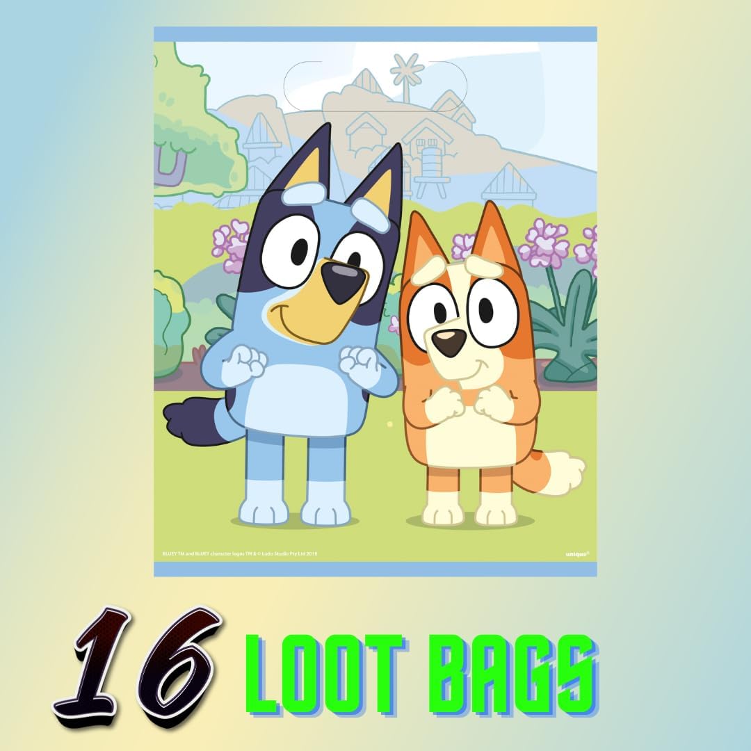 Unique Bluey Birthday Party Supplies Pack, 16 Bluey Sticker Sheets and 16 Bluey Loot Bags, Party Favors Set for Kids Age 3+ Favor Bags for kids to take home