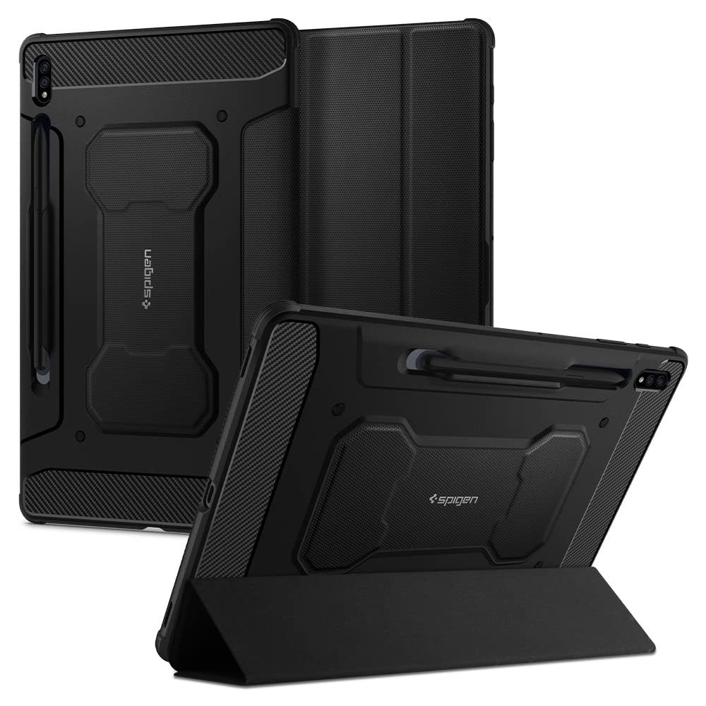 Spigen Rugged Armor Pro for Samsung Galaxy Tab S8+/Tab S7+ 5G/Tab S7+ 12.4inch Full Cover Folio Case with Built in S Pen Holder, Trifold Stand – Black