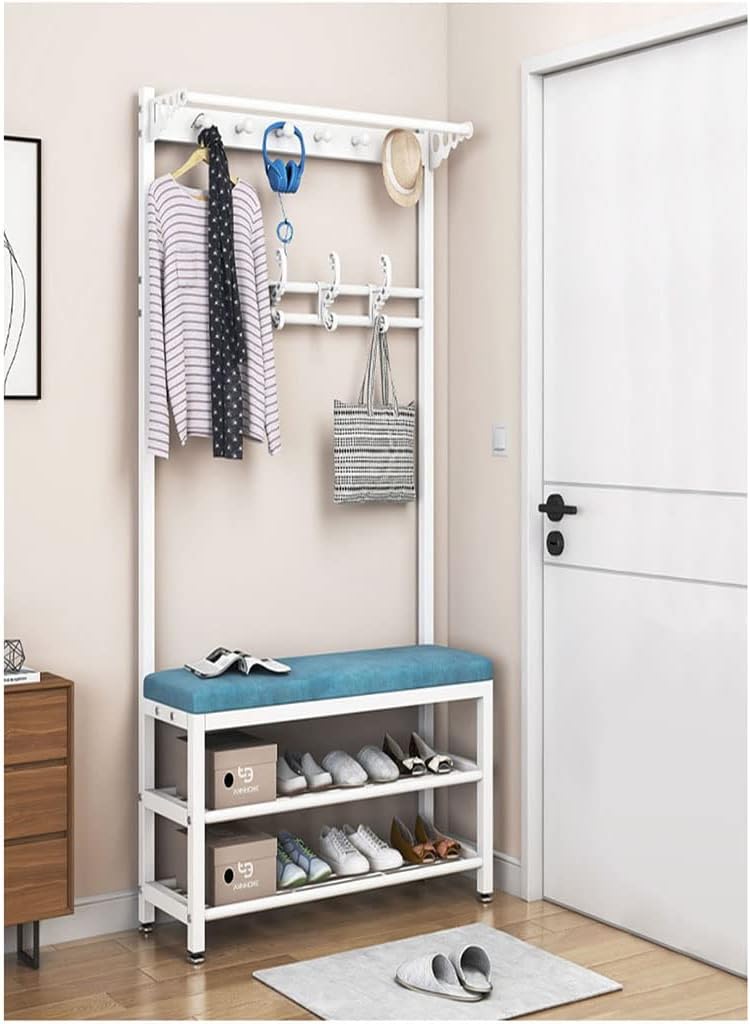 Hall Tree with Shoe Storage - Entryway Coat Rack Shoe Bench with Seat Cushion | Multifunctional Organizer - 10 Hanging Hooks - Bedroom l (White 60 * 33 * 170cm)