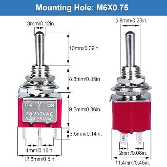 5pcs Mini Momentary Toggle Switch 6 Pins 3 Positions DPDT (On)-Off-(On) Miniature Toggle Switch AC 5A/125V with Waterproof Cap Bakelite Red Shell for Car Boat Industrial