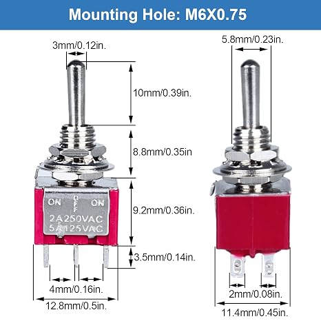 5pcs Mini Momentary Toggle Switch 6 Pins 3 Positions DPDT (On)-Off-(On) Miniature Toggle Switch AC 5A/125V with Waterproof Cap Bakelite Red Shell for Car Boat Industrial