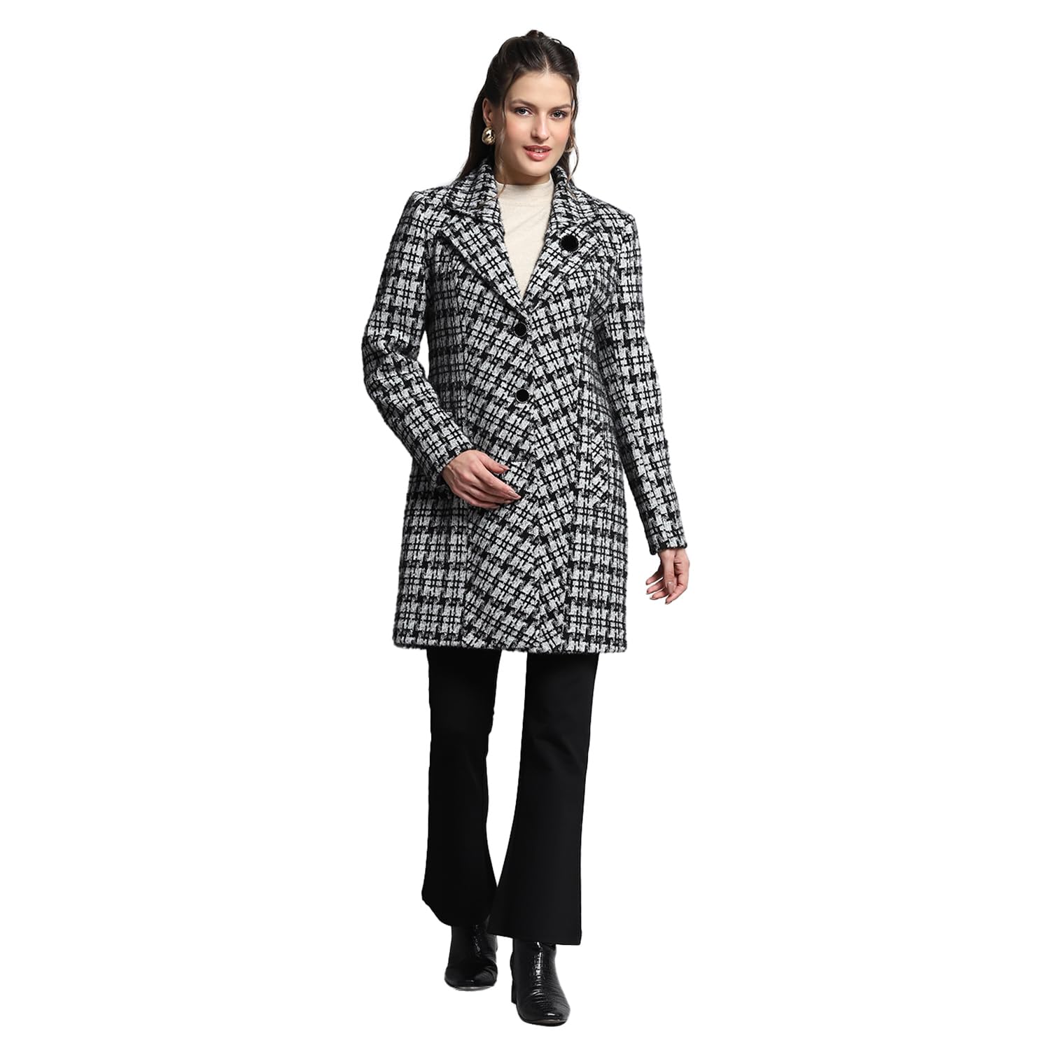 Womens Check Black/White Notch Lapel Full Sleeve Coat_224067333-1-34
