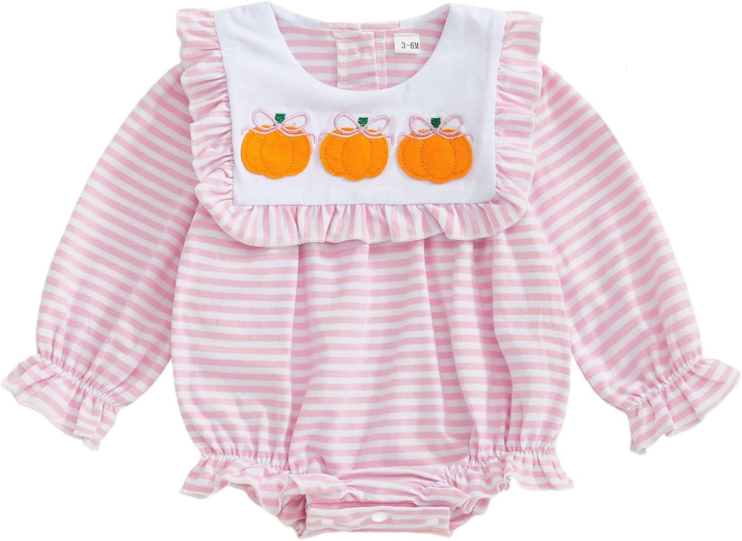 Baby Girl Halloween Thanksgiving Outfit Pumpkin Embroidery Striped Ruffle Long Sleeve Bubble Romper Fall Clothes
