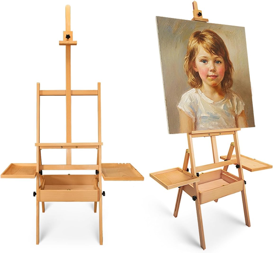 Foldable & Adjustable Art Easel with Storage Drawer Trays, Beech Wooden Easel Stand for Painting,H Frame Artist Easel for Painting Easel for Adults,Wood Easel Stand for Artist Students Studio