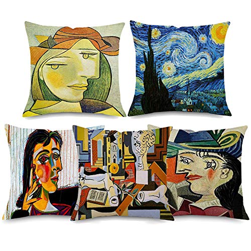 ZHAOCC Housse de Coussin Taie d'oreiller Canapé Taie d'oreiller 5 Pièce Ensemble Linge Créatif Picasso Aquarelle Art Abstrait Portrait Taie d'oreiller Chambre Salon Décoration de La Maison Cover