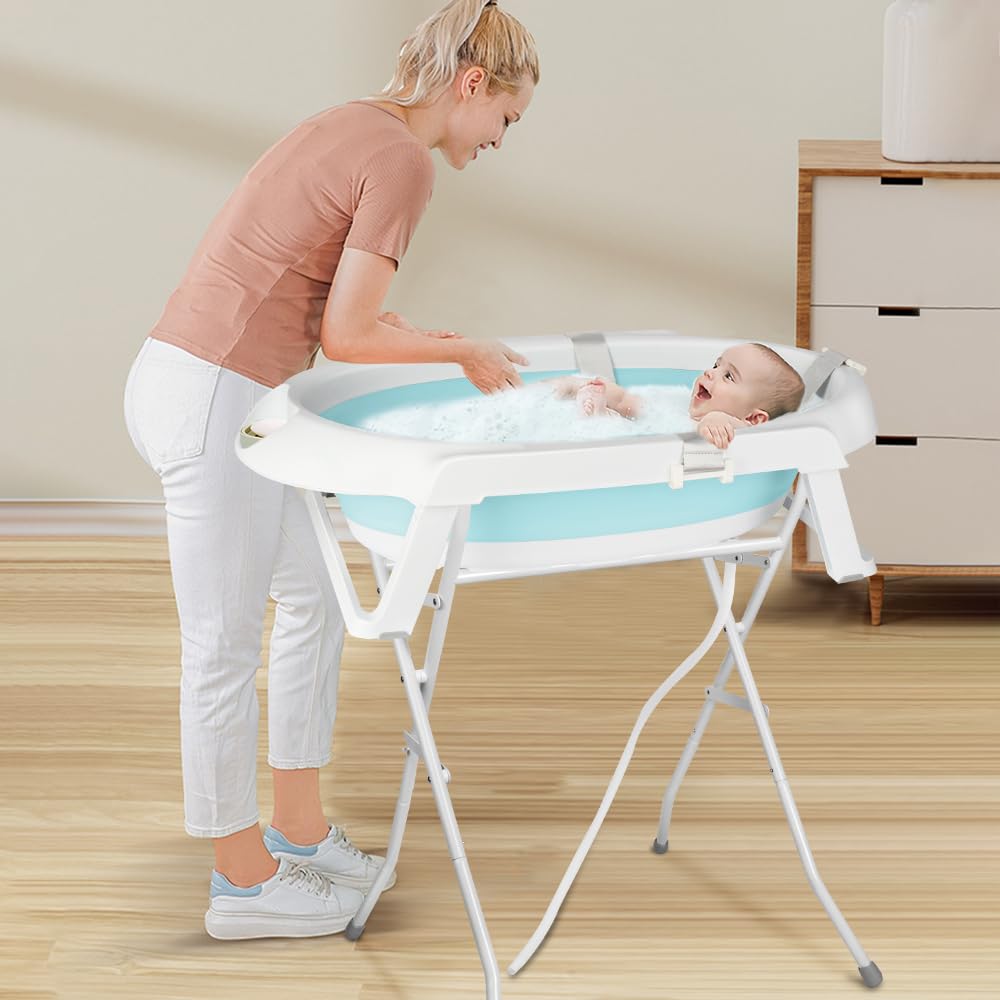 Bañera infantil con soporte 82 cm, bañera plegable para bebé, tumbona de baño para bebe, baño seguro y cómodo para recién nacido, bañera plegable con soporte antideslizante
