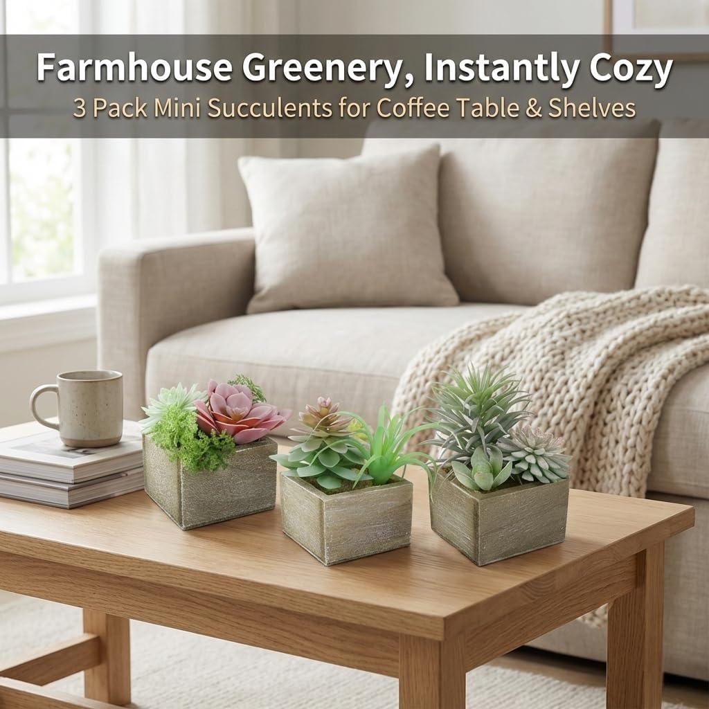 Succulent Plants Artificial, 3 Pack Small Fake Plants in Wood Pot for Home Decor, Farmhouse Artificial Plants Indoor for Living Room Bathroom Bedroom Office Kitchen Desk Wedding Coffee Table Decor - Image 2