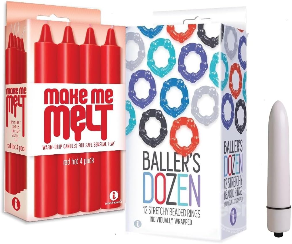 Couples Sex Toy Bundle of Make Me Melt Sensual Warm-Drip Candles, 4 Pack, Red Hot and Icon Brands Baller's Dozen Beaded Cockrings (12 per Pack) - Assorted Colors Plus Powerful 3.5 inch mini Vibe