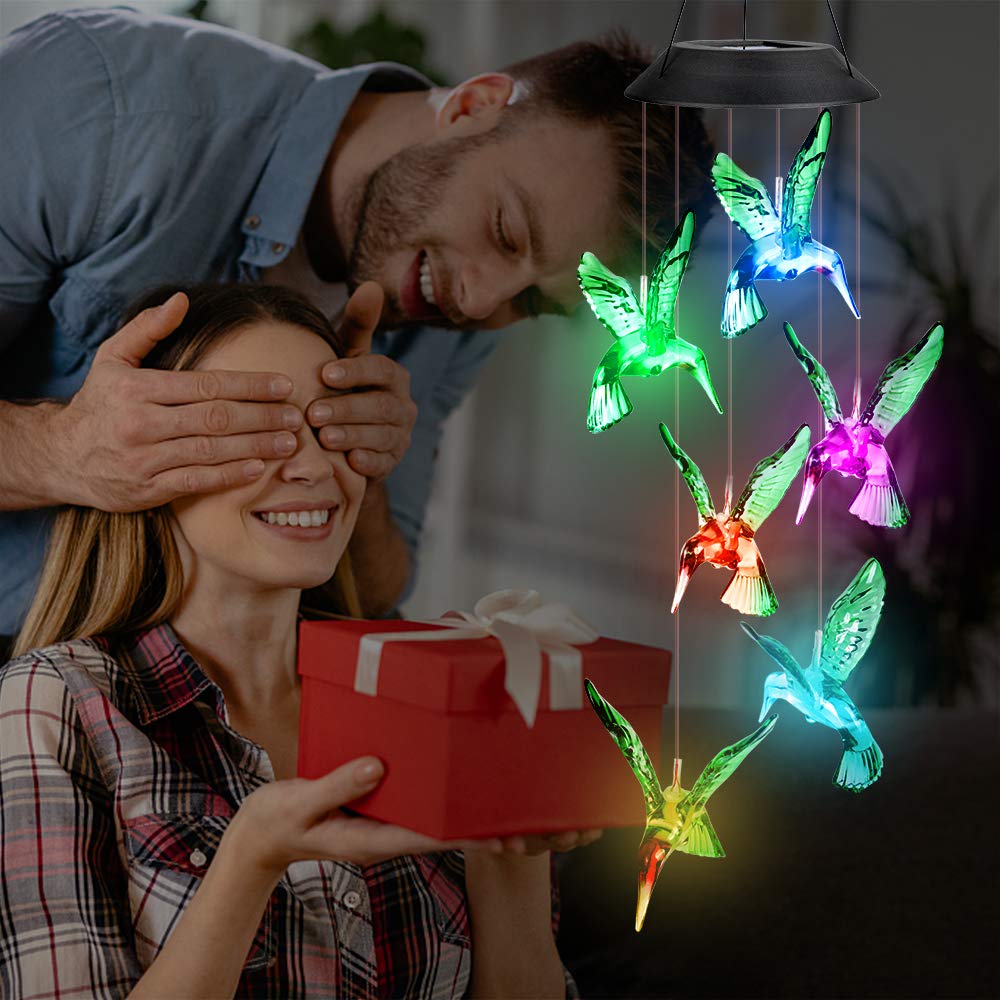 Koliber dzwonki wietrzne, dzwonki wiatrowe, zmieniające kolory, lampa LED, wodoodporna, solarna, dzwonek do wnętrz, na zewnątrz, do ogrodu, patio, werandy, tarasu, podwórka, imprezy