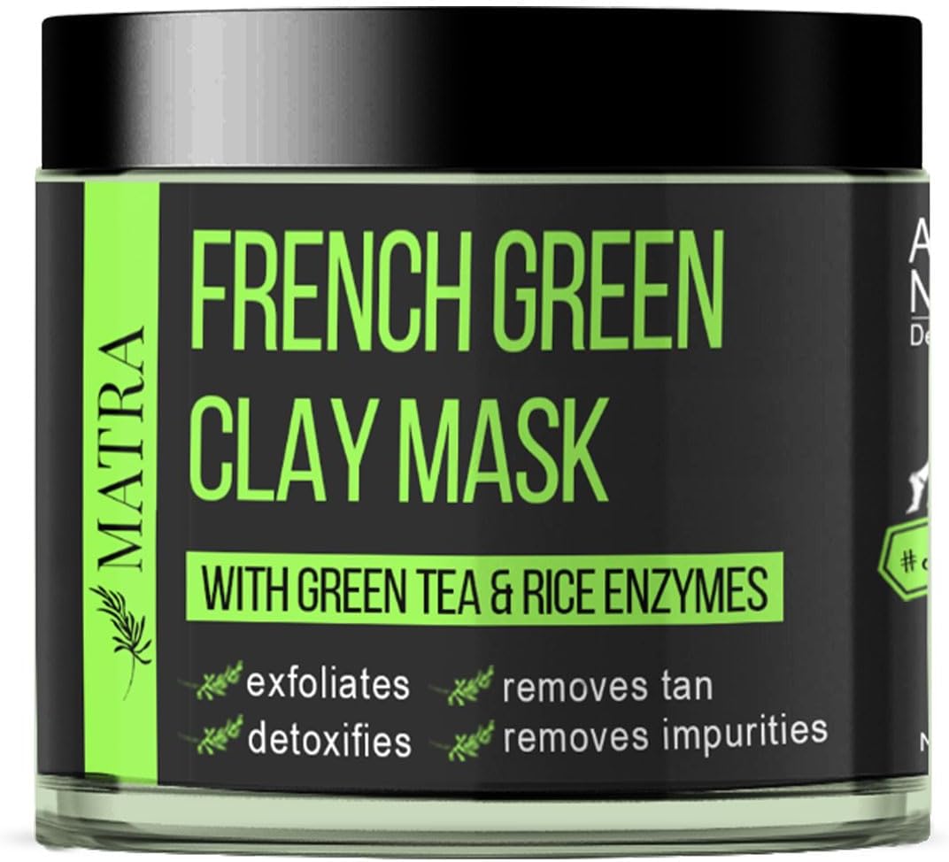 French Green Clay Mask – With Green Tea And Rice Enzymes – Exfoliating Facial Mask For Blackheads And De-tan Treatment