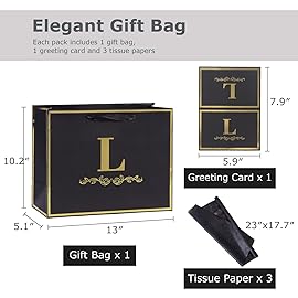 momoake Alphabet Birthday Gift Bag with Card and Tissue Paper for Men Women, 13 Large Black Gold Personalized Bridal Party Gift Paper Bag for Gifts Wrapping - (Letter L)