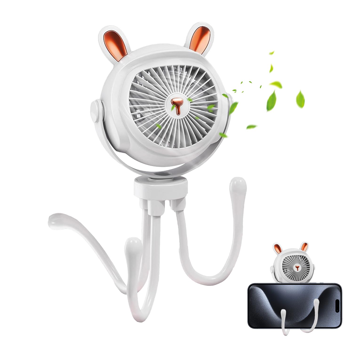 Mini Portable Pram Fan, Octopus Clip-On Fan, Baby Stroller Fan with Night Light, Adjustable 3-Speed Handheld Fan USB Rechargeable, Octopus Clip-On Fan for Strollers, Bicycles, Car Seats (A, White)