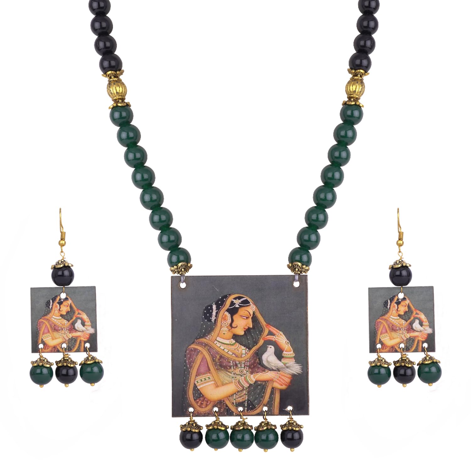 JFL - Jewellery for Less Fashionable Mughal Inspired Women with Bird Print Pendant Handcrafted Beaded Necklace Set Women & Girls (Black, Green) (B0CZHXLZ4H) Amazon Price History, Amazon Price Tracker